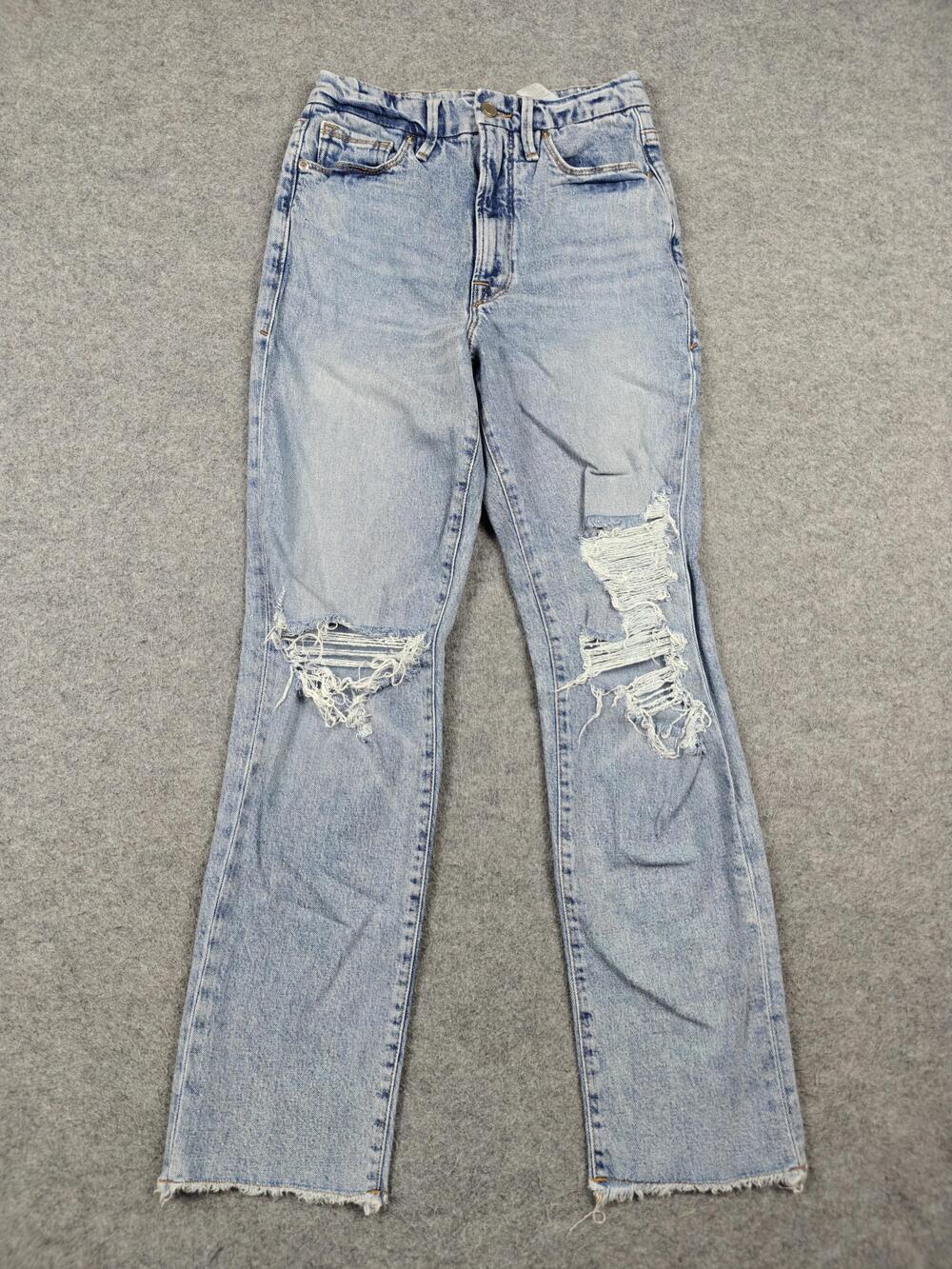 Good American Jeans Womens 2 Blue Light Wash High Rise Straight Distressed